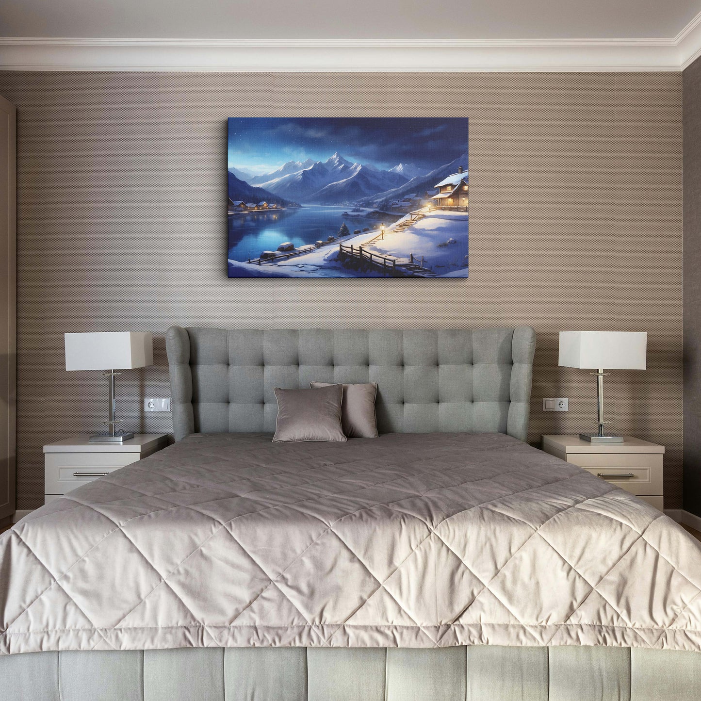 Snow House Mountain Lake Scenery canvas wall painting