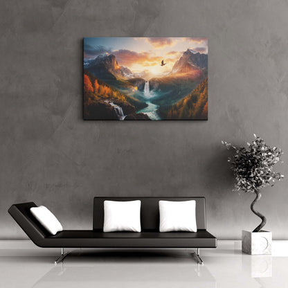 Sunrise Forest Mountains Waterfall Nature canvas wall painting