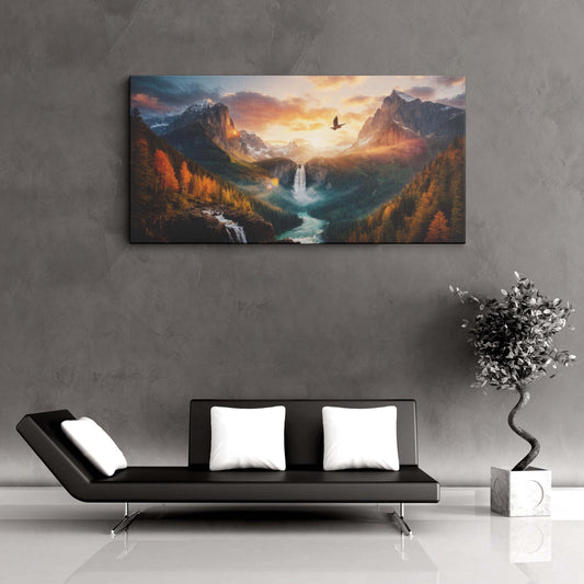 Sunrise Forest Mountains Waterfall Nature canvas wall painting