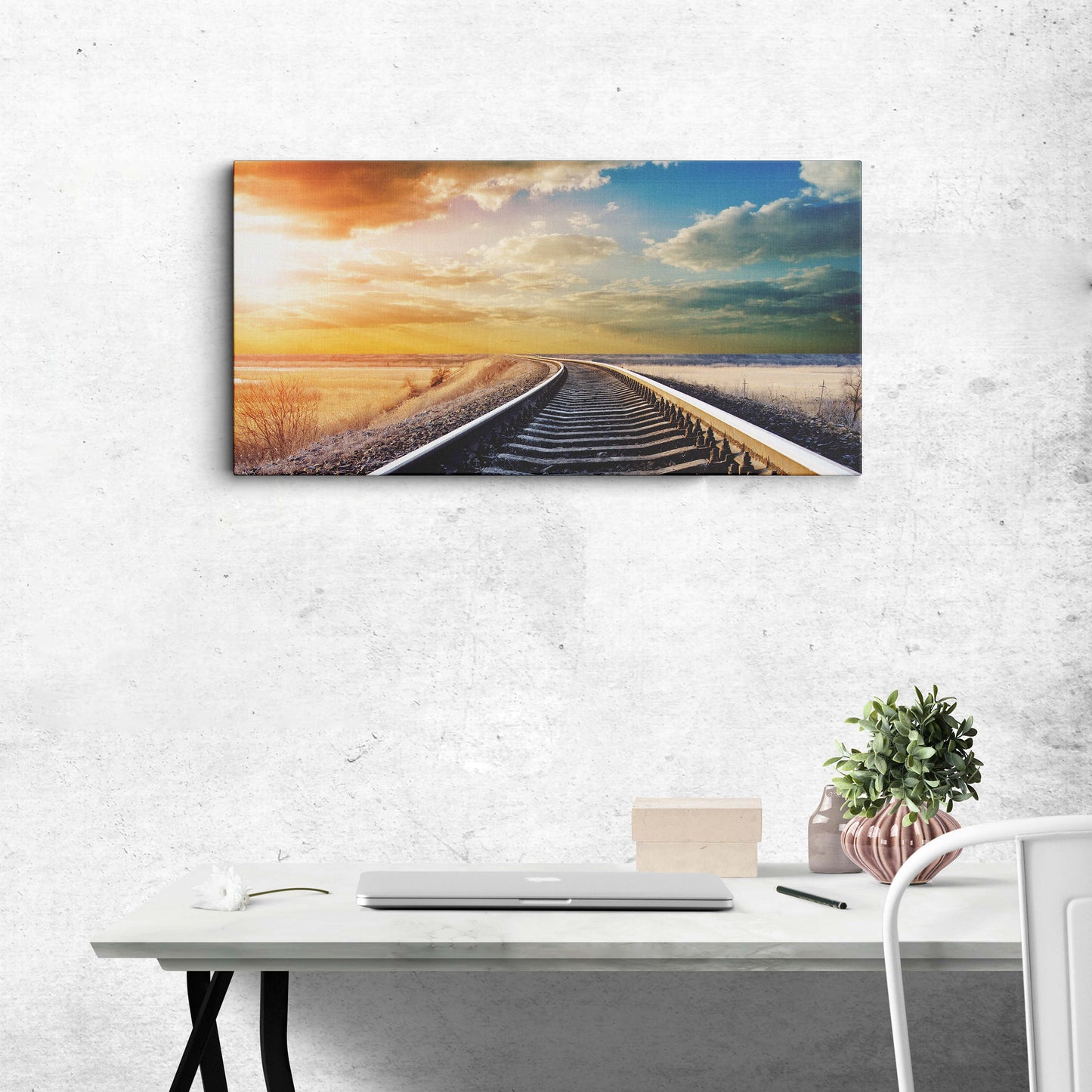 Train tracks at sunset canvas wall painting