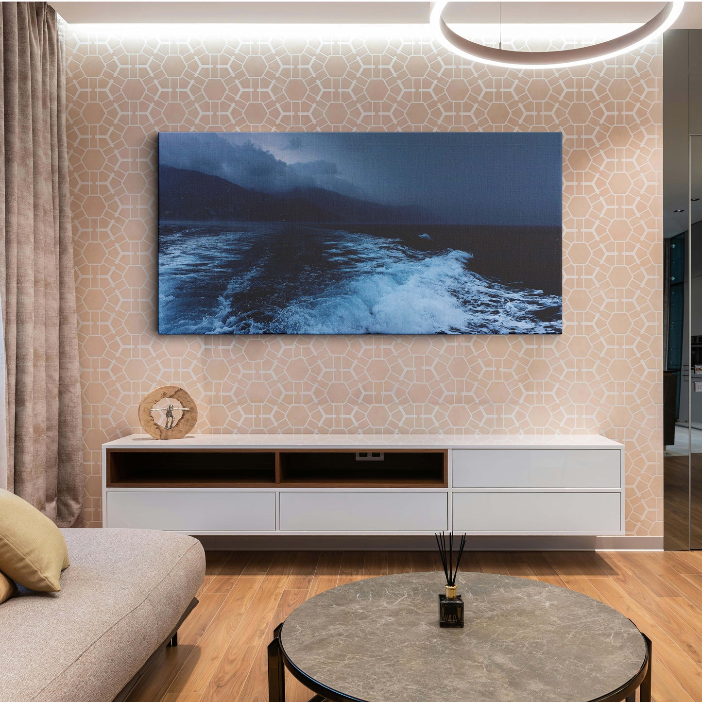 Raging sea waves during nighttime canvas wall painting